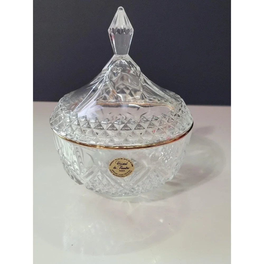 CRISTAL DE FLANDRE Liddedd Candy Dish 24% genuine lead crystal with gold trim
